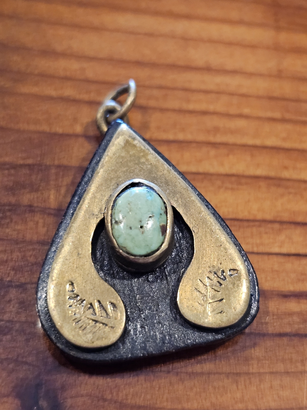 Turquoise Accent Teardrop Pendant - Brass And Wood